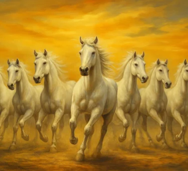 A realistic oil or acrylic painting of seven white horses galloping energetically across a golden-lit landscape, symbolizing speed, strength, and prosperity according to Vastu Shastra.