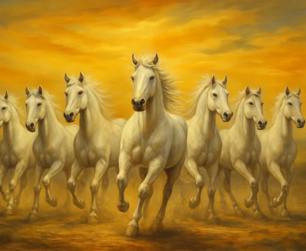 A realistic oil or acrylic painting of seven white horses galloping energetically across a golden-lit landscape, symbolizing speed, strength, and prosperity according to Vastu Shastra.