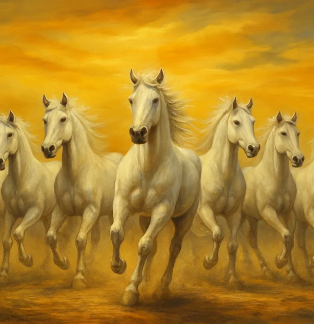 A realistic oil or acrylic painting of seven white horses galloping energetically across a golden-lit landscape, symbolizing speed, strength, and prosperity according to Vastu Shastra.
