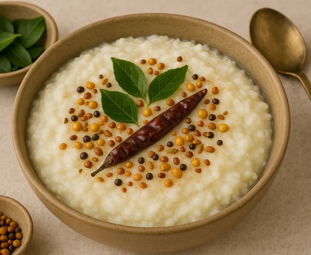 A bowl of South Indian curd rice garnished with curry leaves, dried red chili, mustard seeds, and chana dal, served in a rustic ceramic bowl.