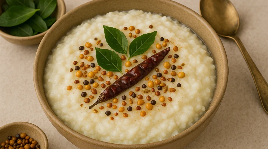 A bowl of South Indian curd rice garnished with curry leaves, dried red chili, mustard seeds, and chana dal, served in a rustic ceramic bowl.