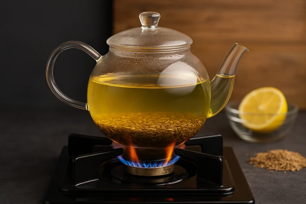 Boiling cumin seeds in glass kettle for jeera water recipe