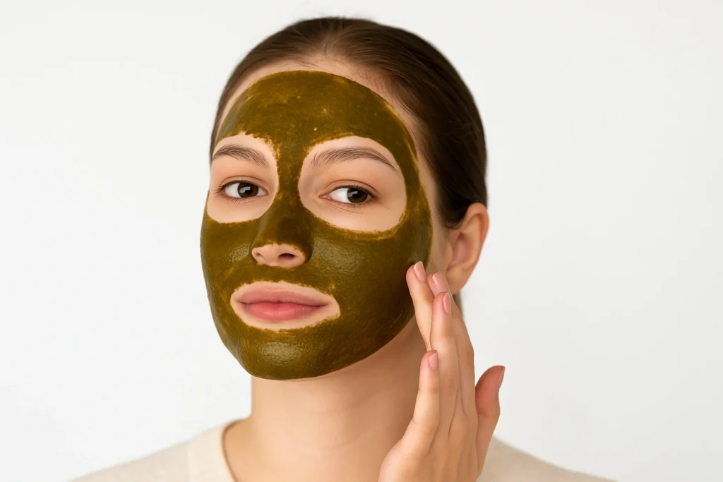 Woman applying neem powder face pack for glowing skin