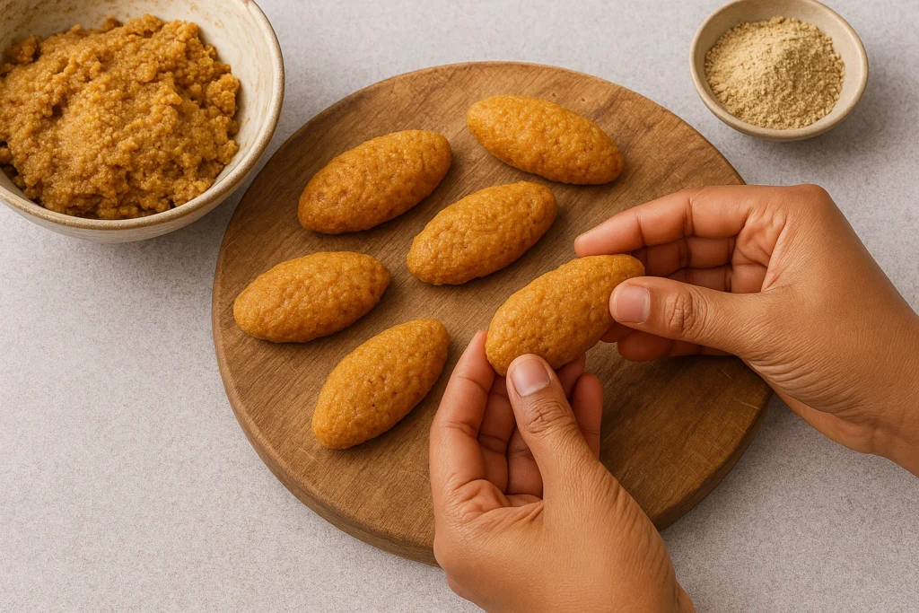 Hands shaping thekua dough into traditional forms – step-by-step thekua recipe.