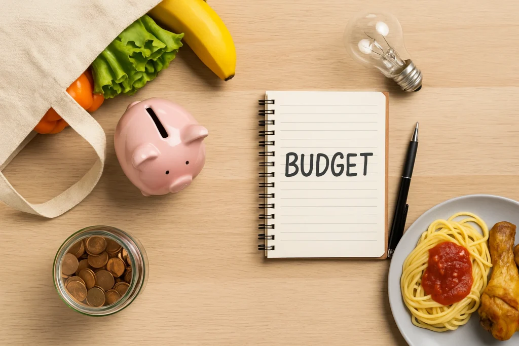 Everyday money saving tips with piggy bank, groceries, and a budget notebook on a wooden table.