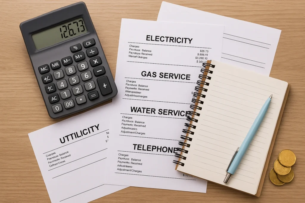 Easy ways to cut expenses with calculator, coins, and utility bills on a desk.