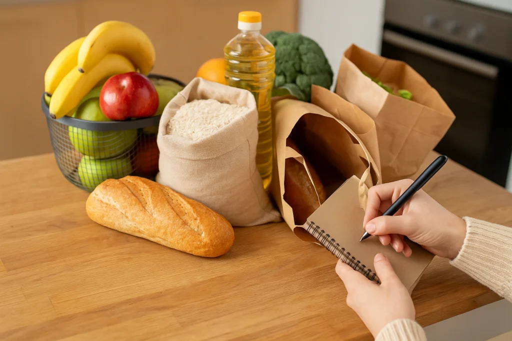 Best frugal living tips with groceries, bread, fruits, and a handwritten shopping list in a kitchen.