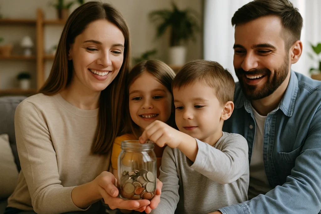 Family money saving ideas shown with a happy family saving coins in a jar together at home.