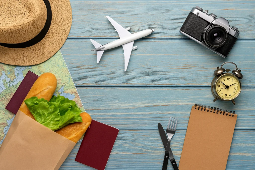 Travel money saving ideas with a passport, airplane model, map, hat, and vintage camera for budget travel.