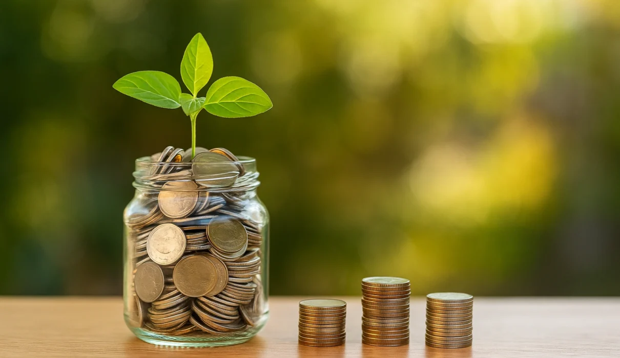 Money saving tips and ideas represented by a jar of coins with a plant growing from it, symbolizing savings and financial growth.