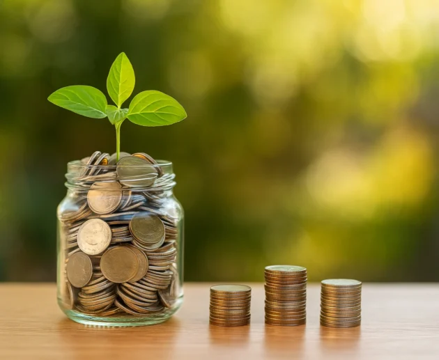 Money saving tips and ideas represented by a jar of coins with a plant growing from it, symbolizing savings and financial growth.