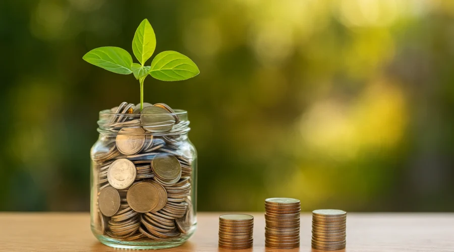 Money saving tips and ideas represented by a jar of coins with a plant growing from it, symbolizing savings and financial growth.