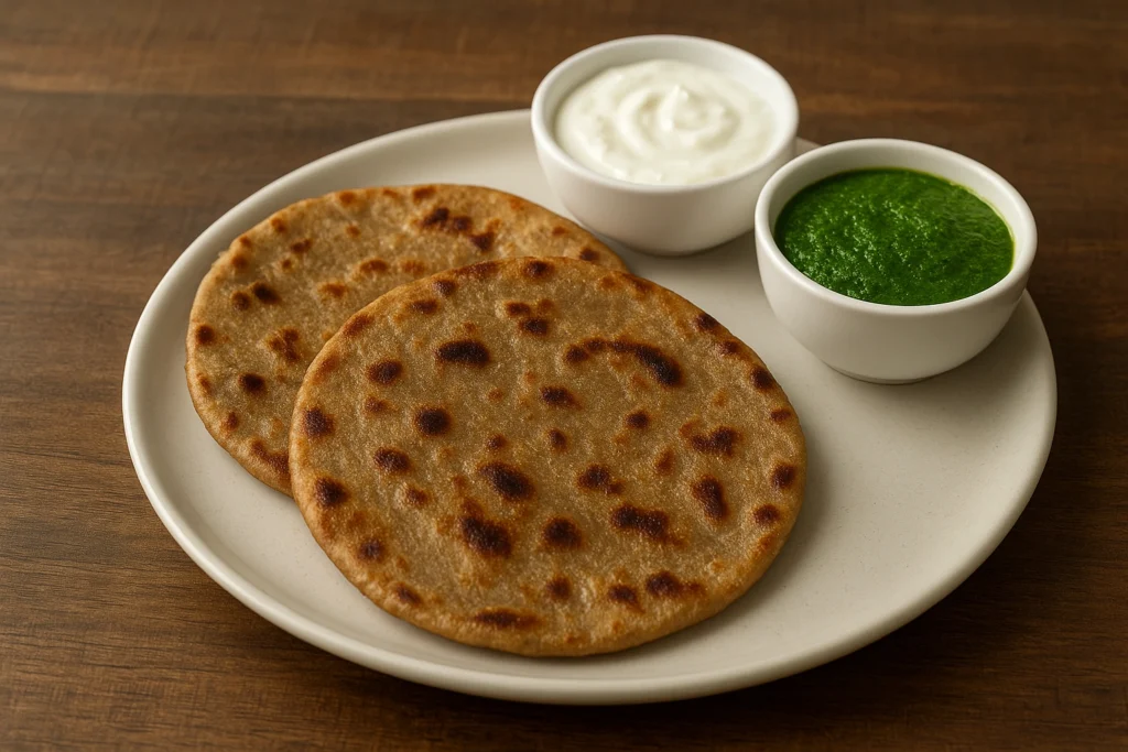 Classic plain Kuttu Paratha made with Kuttu ka Atta (Buckwheat Flour) served with curd.