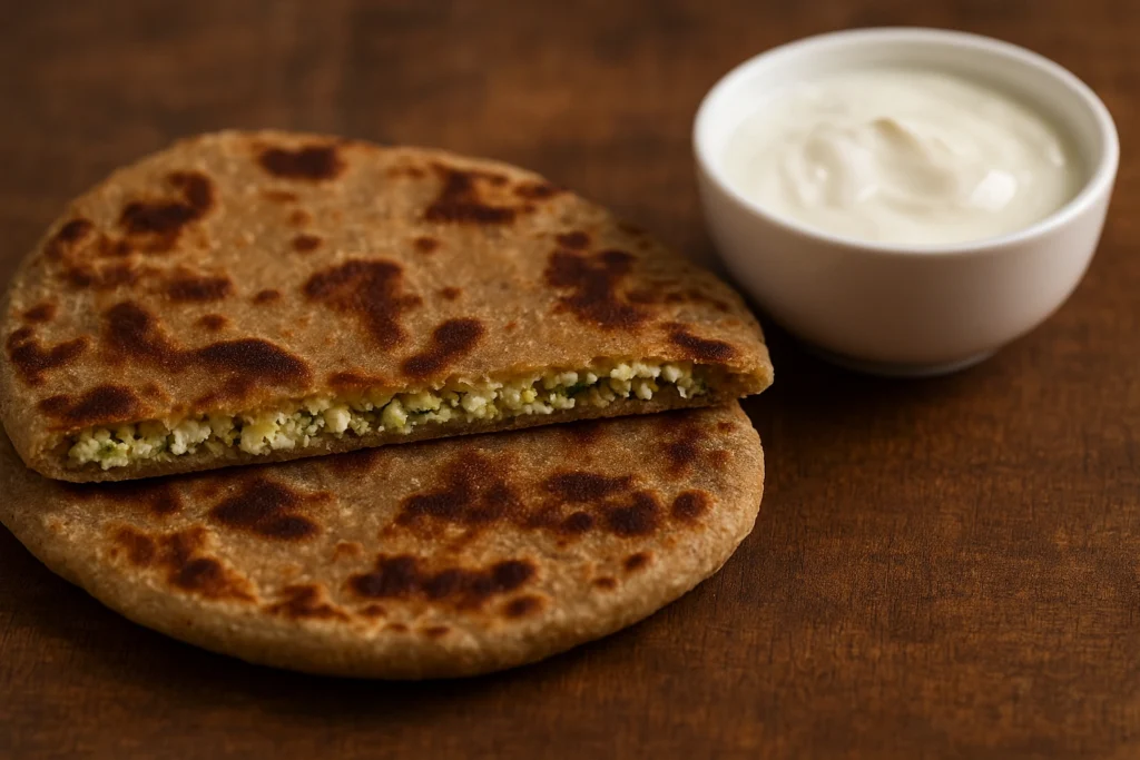 Paneer stuffed Kuttu Paratha made with Buckwheat Flour for Navratri fasting.