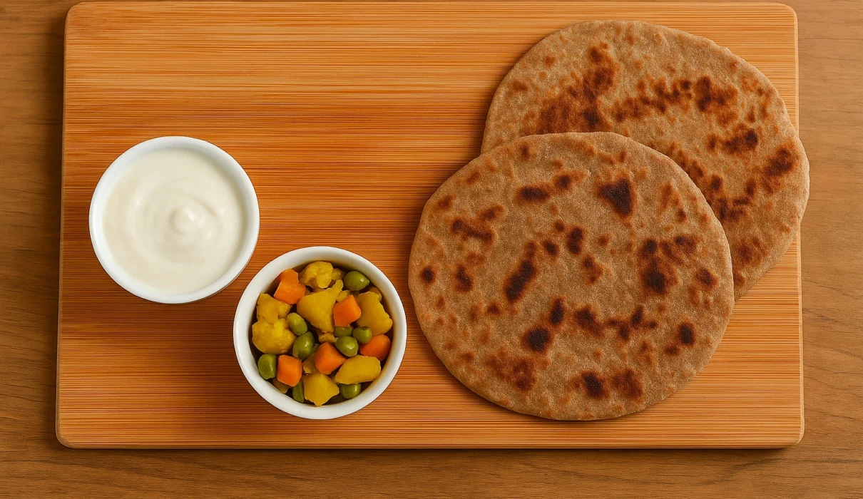 Kuttu Paratha made with Kuttu ka Atta (Buckwheat Flour) served with curd and green chutney.
