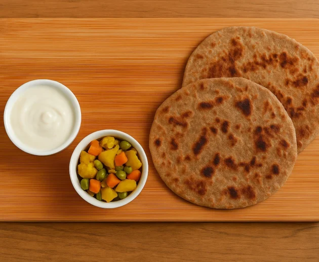 Kuttu Paratha made with Kuttu ka Atta (Buckwheat Flour) served with curd and green chutney.