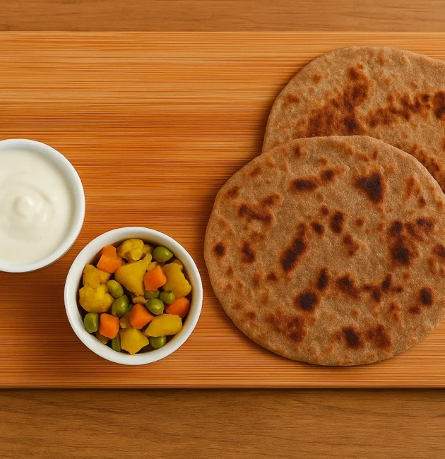 Kuttu Paratha made with Kuttu ka Atta (Buckwheat Flour) served with curd and green chutney.