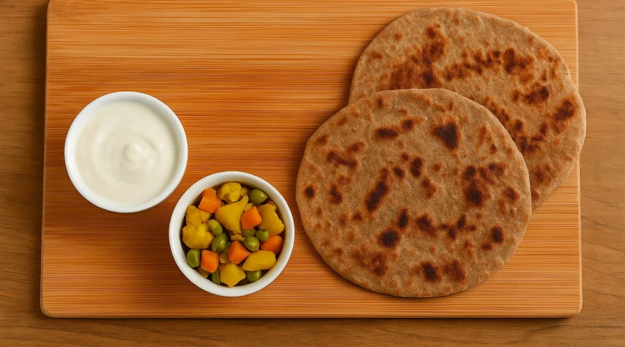 Kuttu Paratha made with Kuttu ka Atta (Buckwheat Flour) served with curd and green chutney.