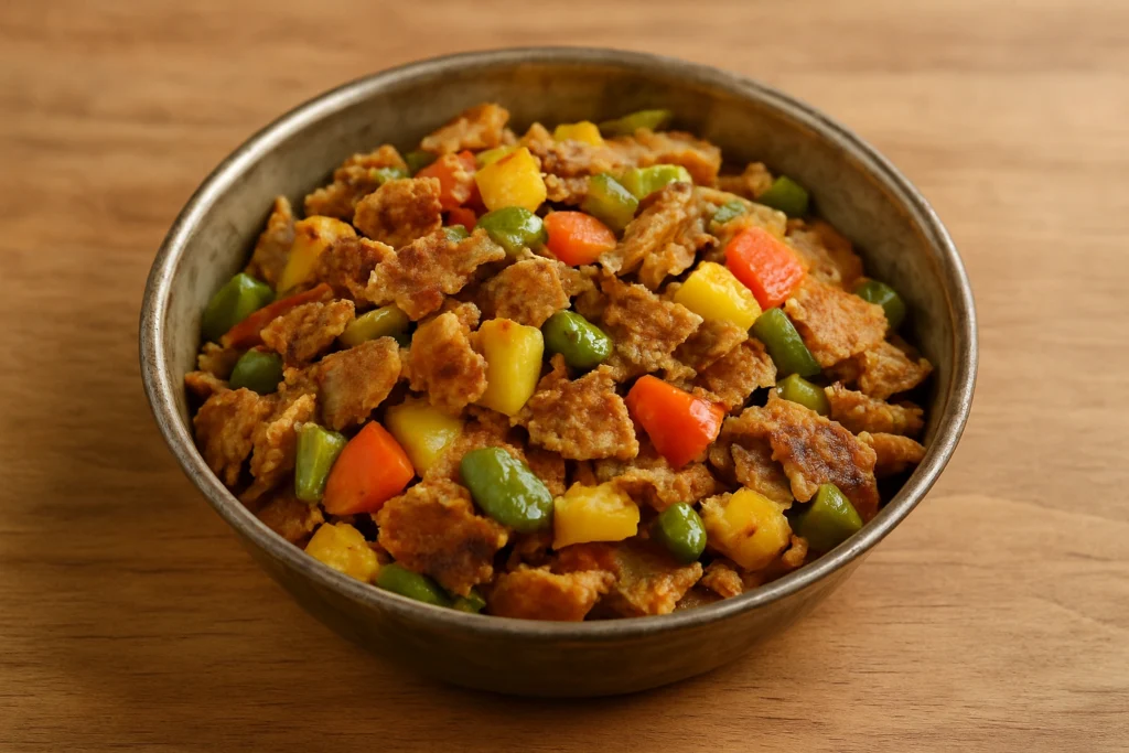 A bowl of chopped paratha pieces tossed with vegetables (tomato, capsicum, potato) – like a stir fry.