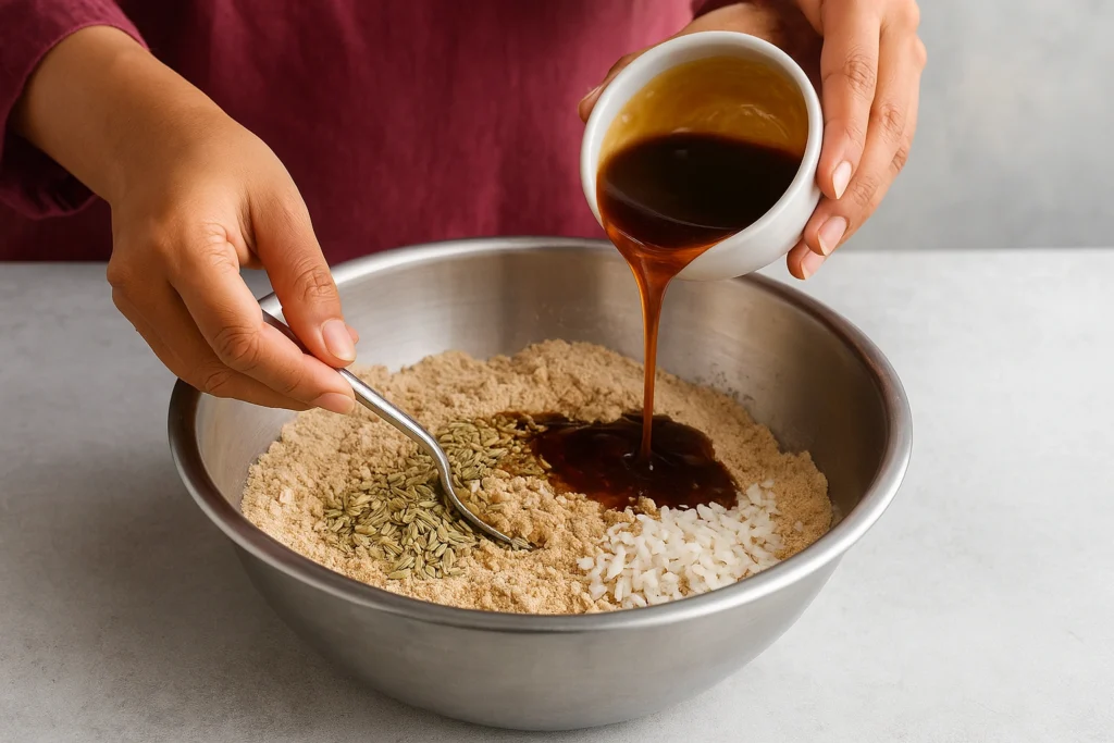 Thekua dough ball resting in a steel bowl – thekua recipe with jaggery.