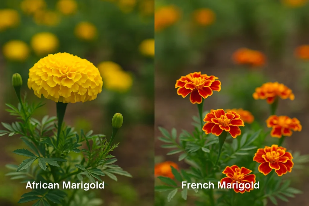African and French marigolds side by side showing size, color, and growth differences