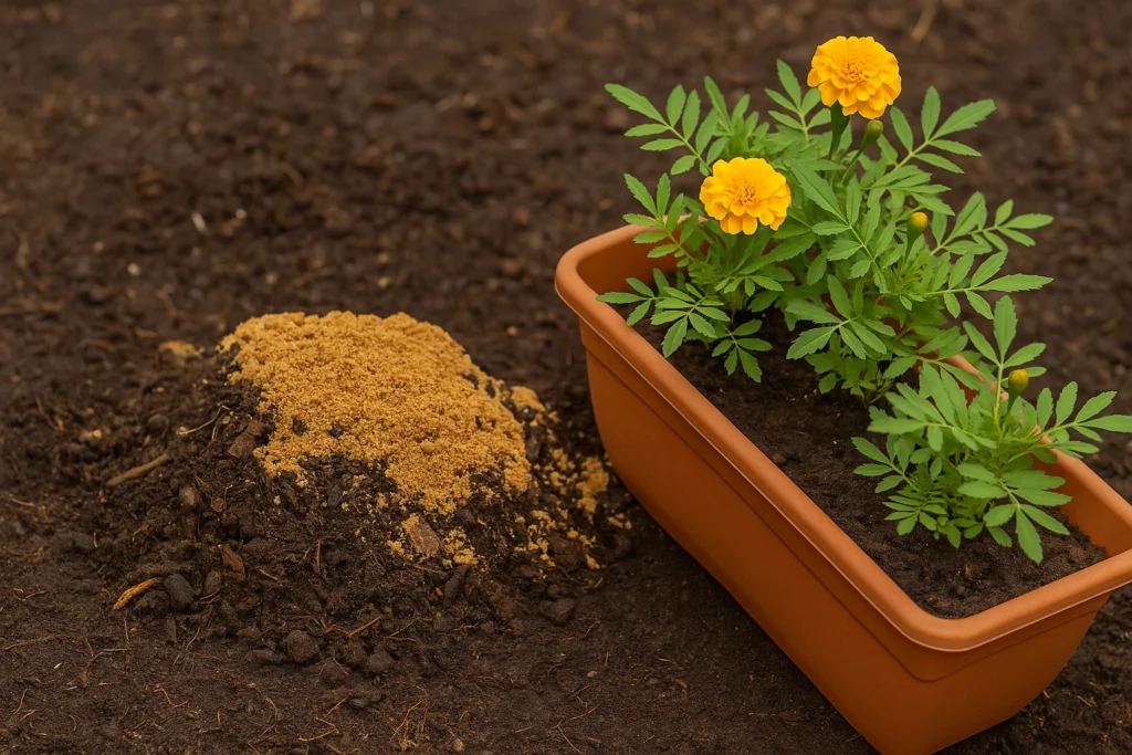 Loose well-draining soil mix for marigold plants in pots