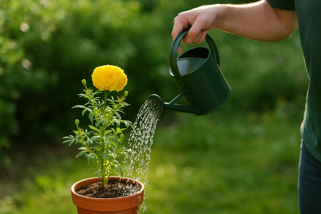 Gardener watering marigold plant early in the morning for healthy blooms