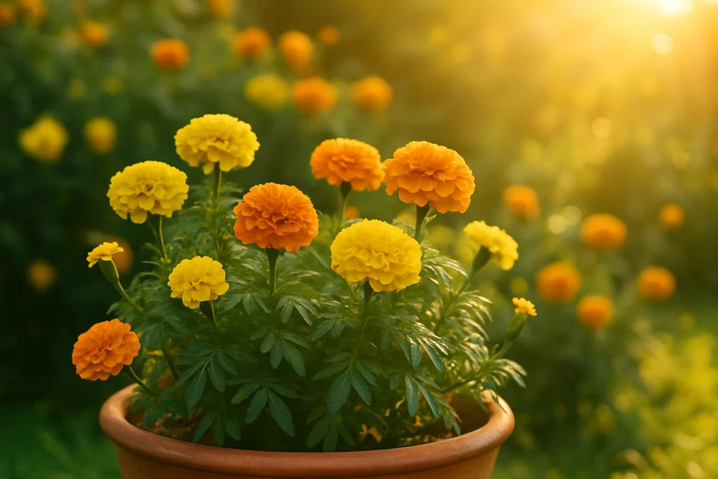 Full garden view of marigolds in full bloom under bright sunlight