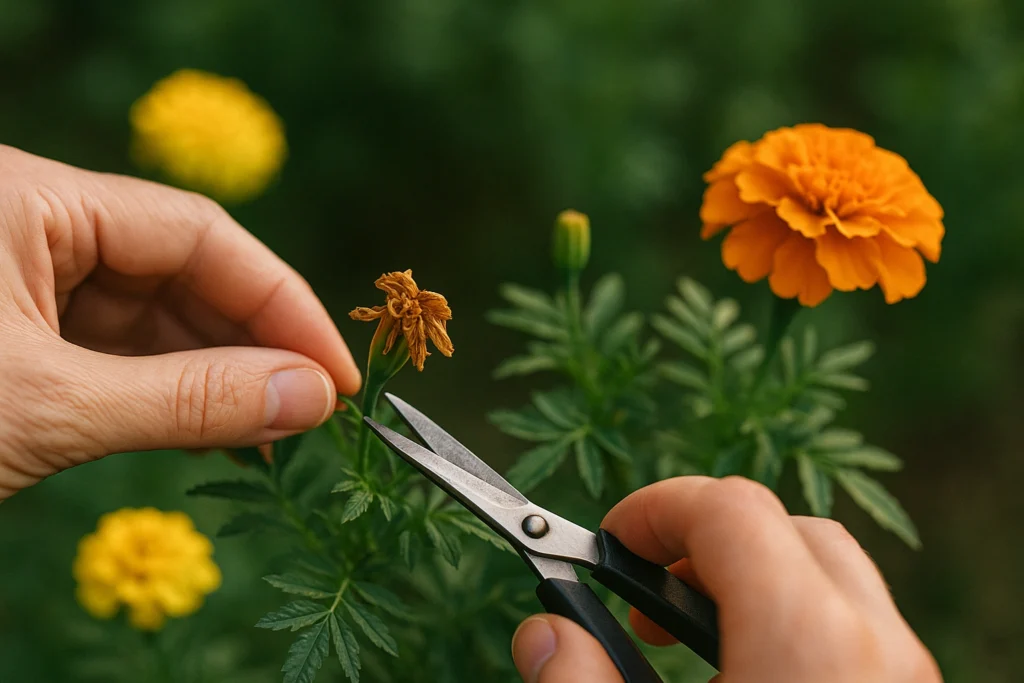 Gardener cutting a dried marigold flower to encourage new blooms