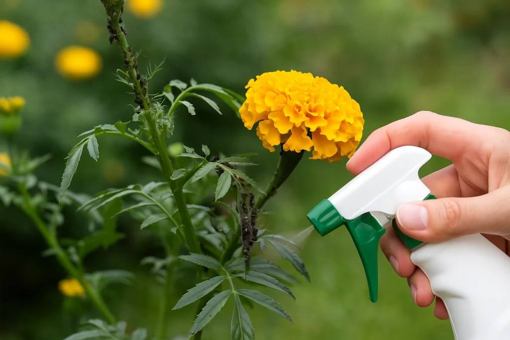 Hand spraying neem oil on marigold plant to control aphids and pests