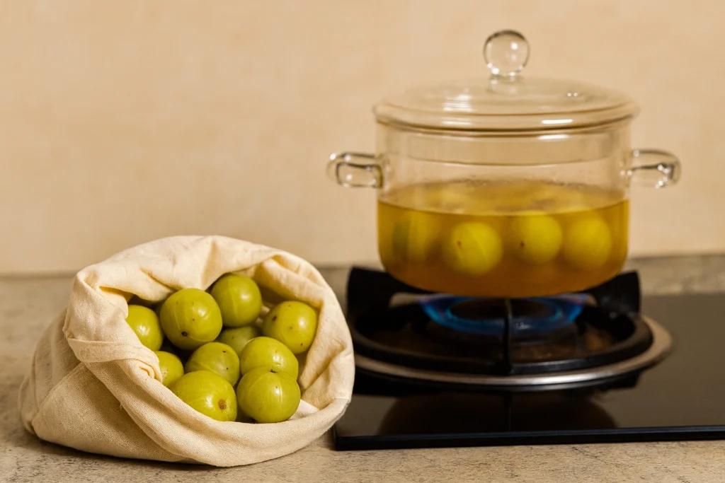 Boiling amla to make healthy amla laddu at home