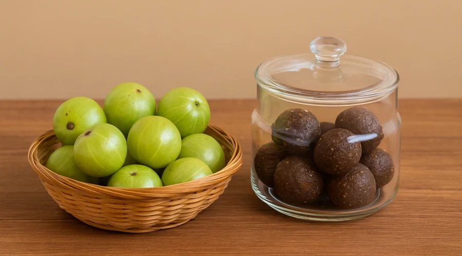 Amla ladoo recipe with fresh amla and glass jar filled with ladoos on wooden table