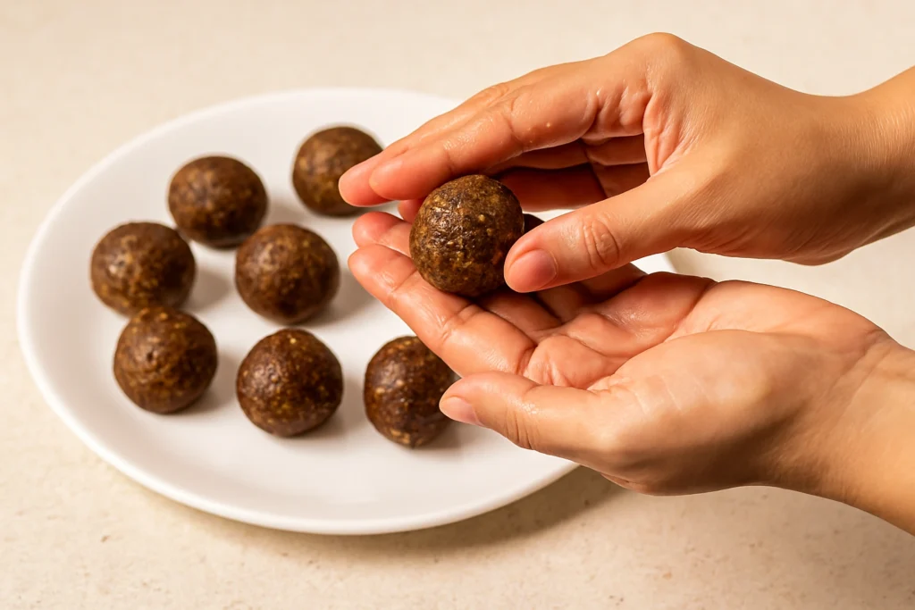 Shaping freshly cooked amla ladoo mixture into small ladoos