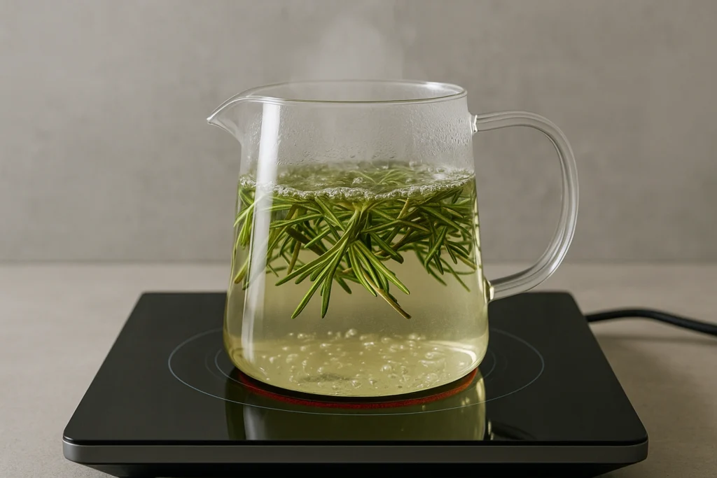 Boiling rosemary leaves in water to make rosemary water for hair.