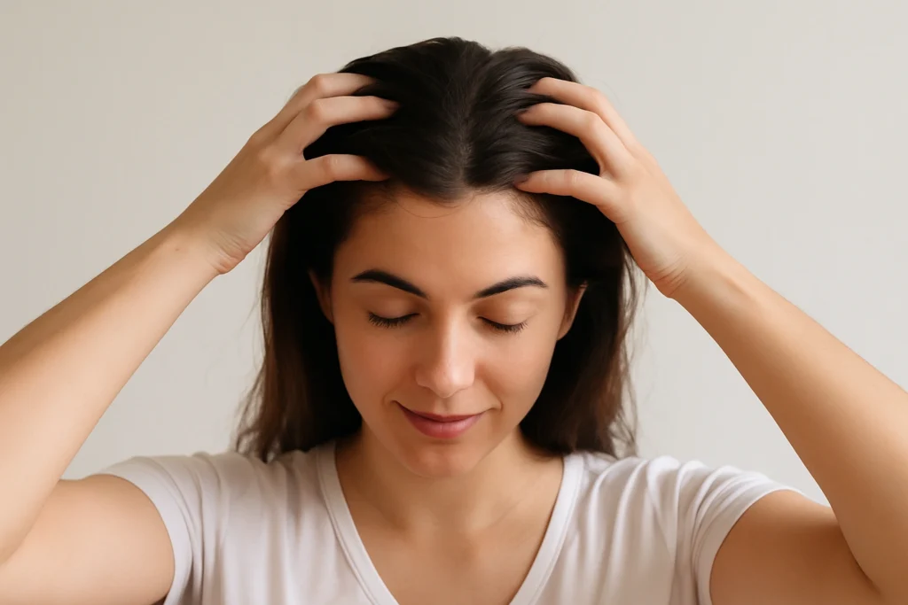 Woman massaging her scalp after applying rosemary water