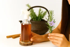 A spray bottle of rosemary water with fresh rosemary and representing the benefits of rosemary water for hair growth and scalp health