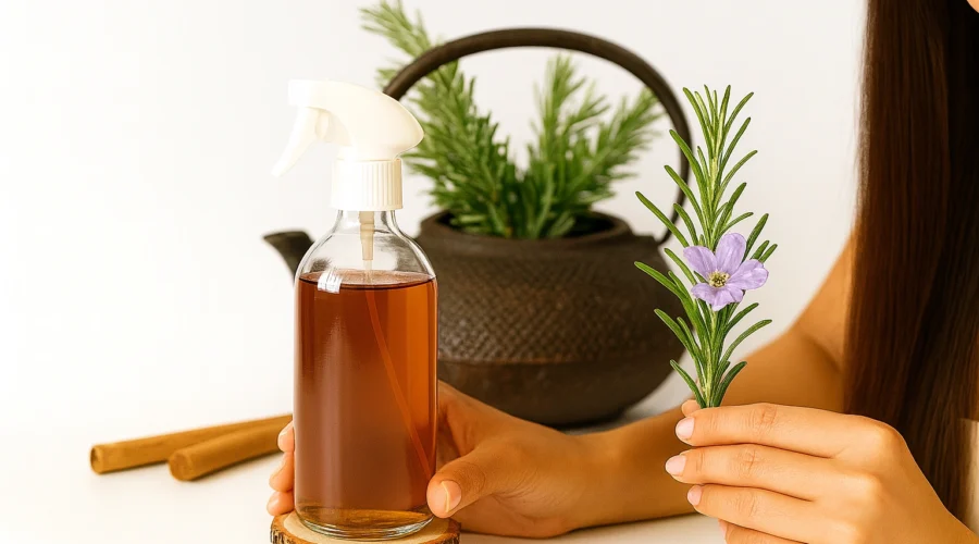 A spray bottle of rosemary water with fresh rosemary and representing the benefits of rosemary water for hair growth and scalp health