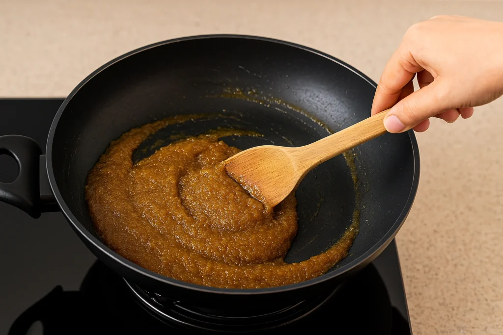 Mixing amla paste with melted jaggery for ladoo preparation