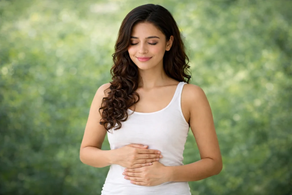 Woman gently holding her stomach with a relaxed smile, showing better digestion and lightness after experiencing amla juice benefits.