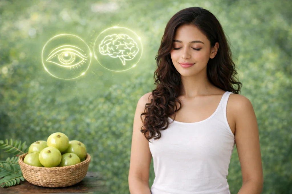 Amla juice benefits for eyes and brain function shown with a young woman relaxing beside fresh amla.