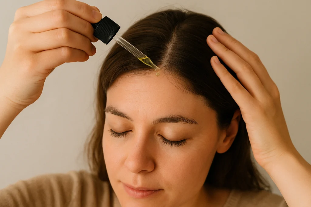 Woman applying rosemary oil to scalp using a dropper.