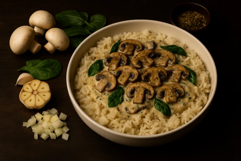 Creamy garlic mushroom rice bowl topped with sautéed mushrooms, spinach