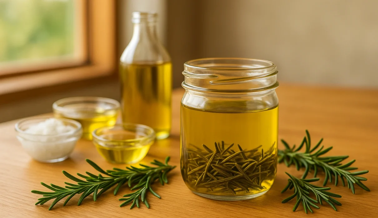 Homemade rosemary oil in a glass jar with fresh rosemary and carrier oils on a wooden table