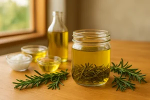 Homemade rosemary oil in a glass jar with fresh rosemary and carrier oils on a wooden table