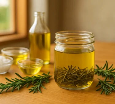 Homemade rosemary oil in a glass jar with fresh rosemary and carrier oils on a wooden table