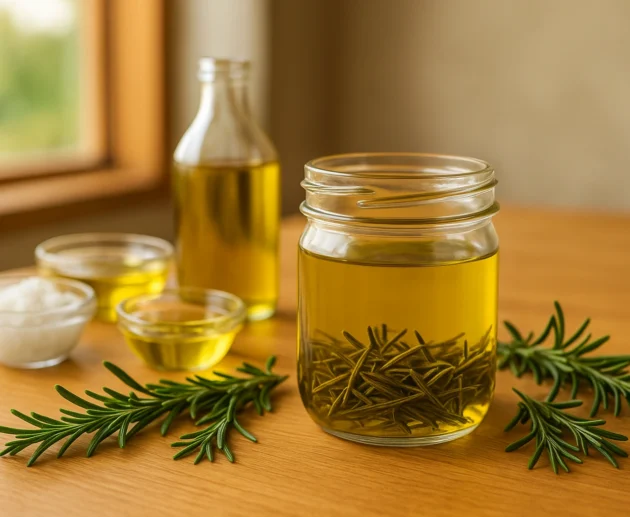 Homemade rosemary oil in a glass jar with fresh rosemary and carrier oils on a wooden table