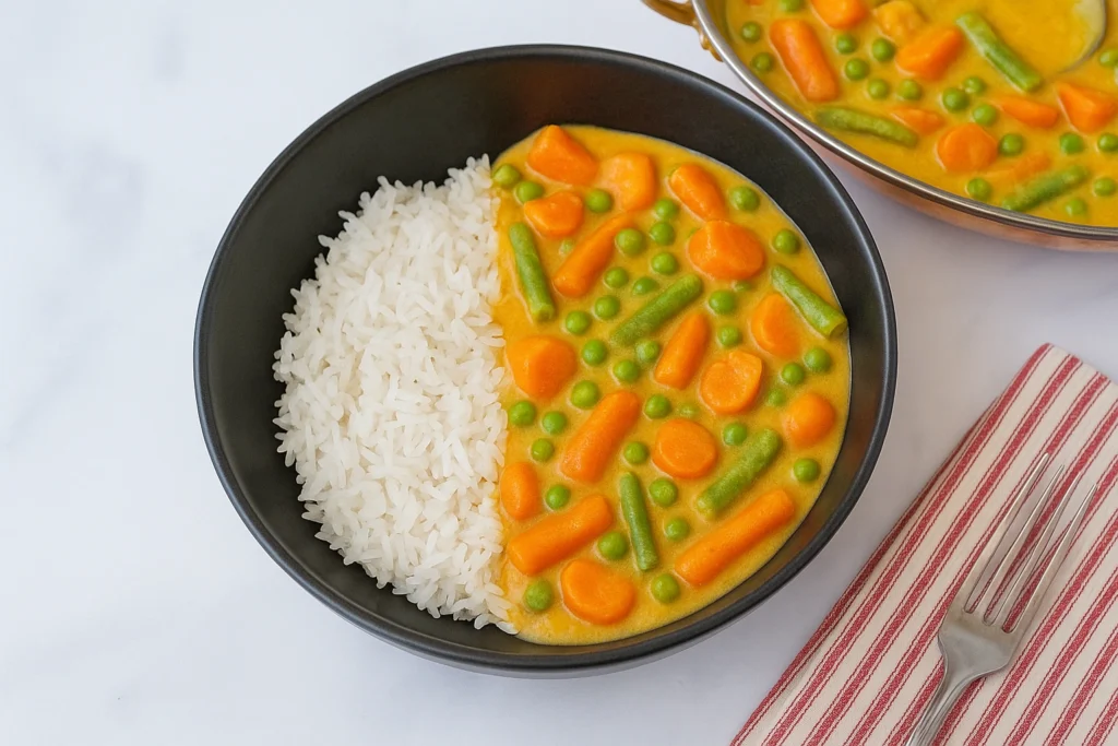 Indian vegetable curry rice bowl with carrots, peas, and green beans served beside fluffy white rice in a dark bowl