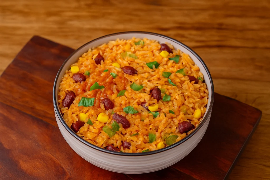 Mexican veg rice bowl recipe with spicy tomato rice, beans, corn, and bell peppers served in a ceramic bowl on a wooden surface.