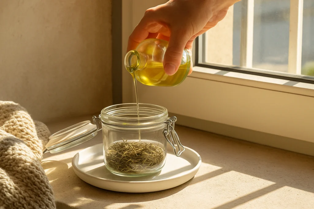 Glass jar of rosemary infused in oil near a sunny window.