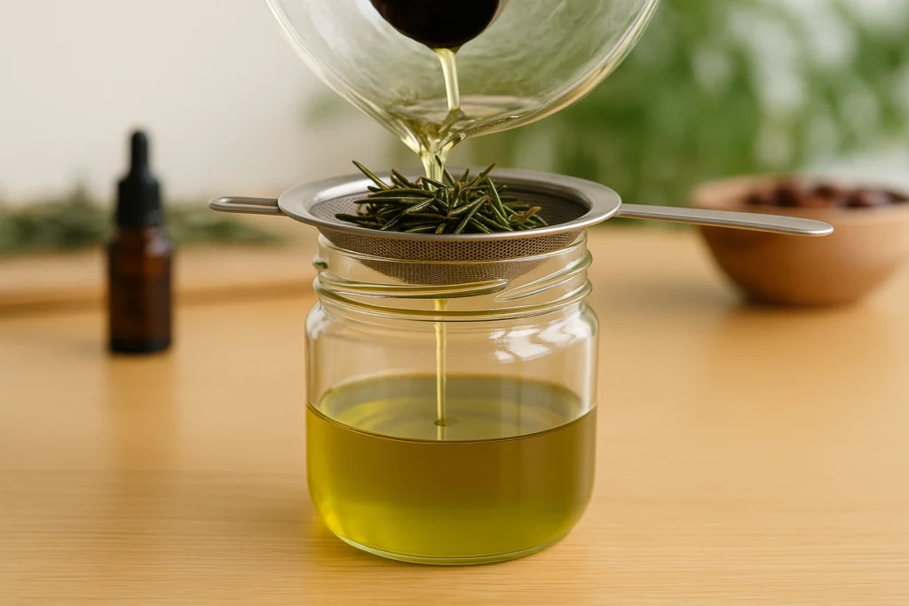 Freshly heated rosemary oil being strained into a glass jar during the hot infusion process.